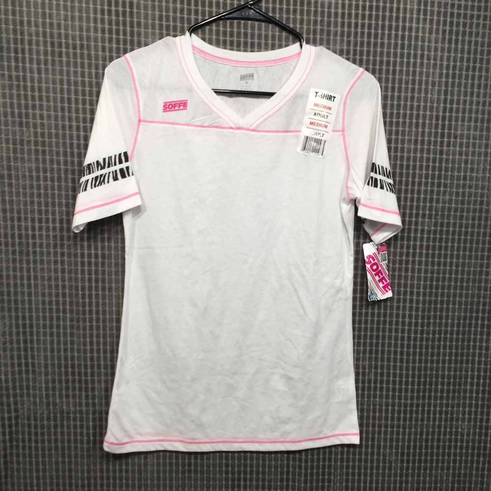 Soffe Womens T-Shirt V-Neck Stripe Pink Stitching M White